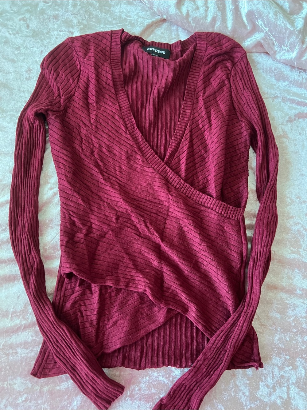 Express Deep Wine Ribbed Wrap Long Sleeve Top